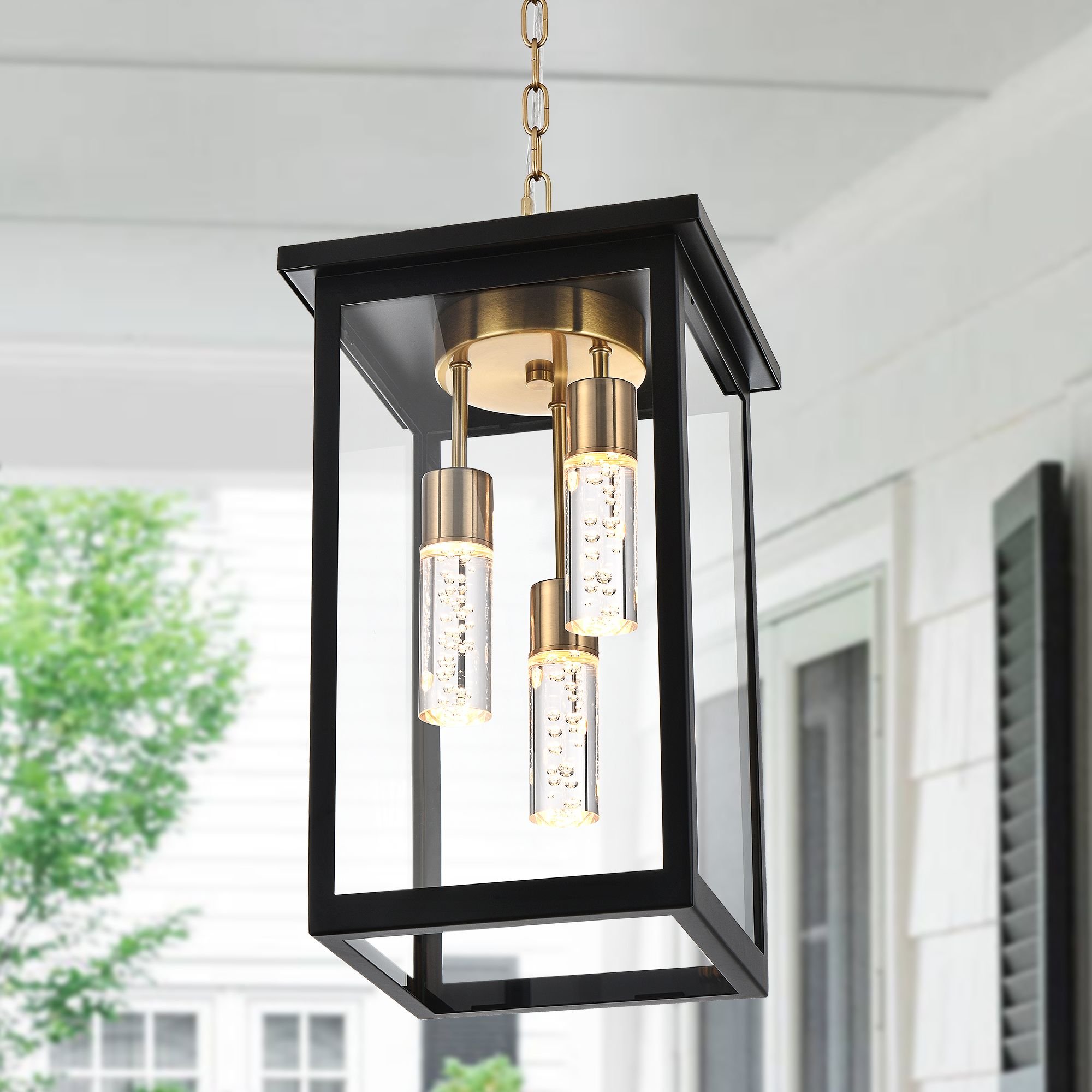 5CCT LED Large Outdoor Pendant Light Fixtures, LED Integrated Bulbs Included 3-Light Black and Brass Outdoor Hanging Lantern Light