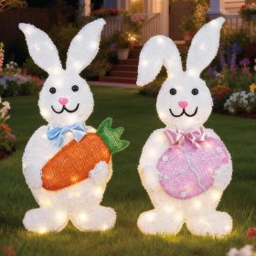 Outdoor Easter Bunny Yard Decorations, Lighted Metal Bunny Decor Set of 2, 30 Inch, Plug-in Pre-Lit LEDs for Lawn Garden Front Porch